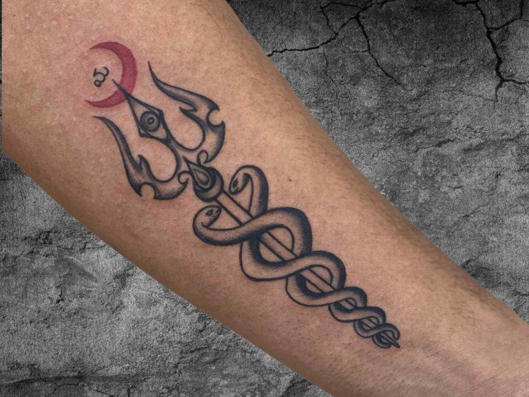 Trishul and Rod of Aesculapius symbol tattoo